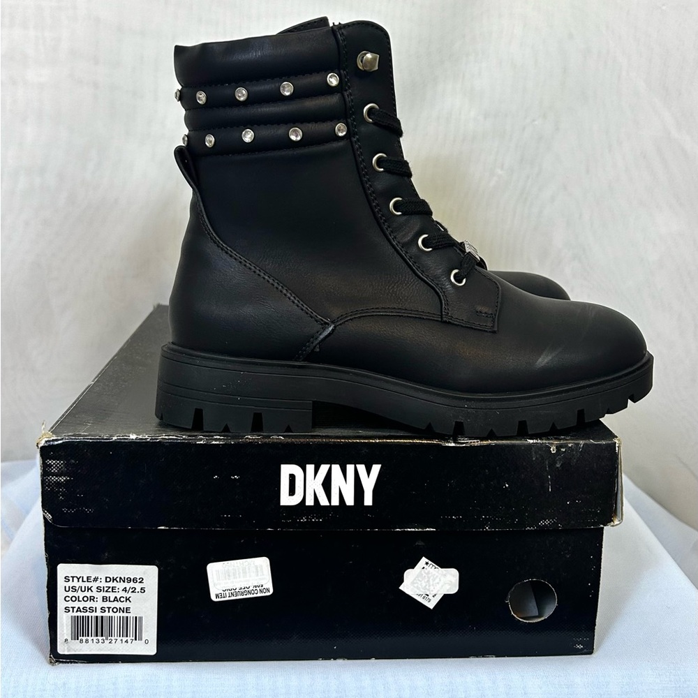 New Floor Sample DKNY GIRLS BLACK COMBAT BOOT w/ Rhinestones / Sz 4